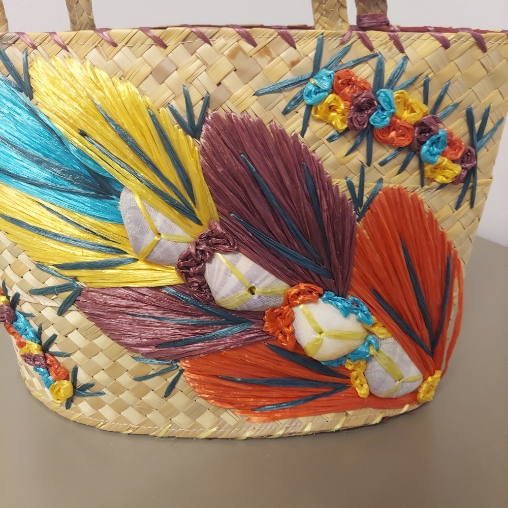 Vintage Floral & Shells Woven Tourist Bag Purse Raffia Straw Beach - Picture 3 of 13
